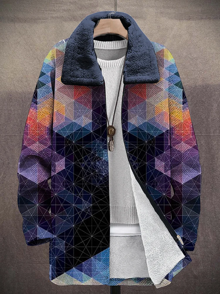 Vintage Geometry Crystal Gradient Art Unisex Plush Thick Long-Sleeved Sweater Cardigan Coat