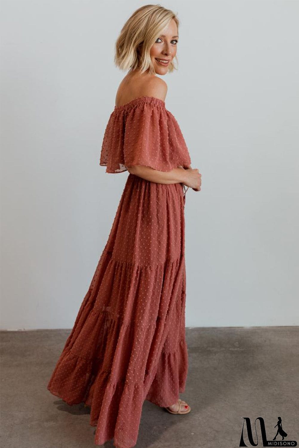 MidiSono - Rust Red Off Shoulder Ruffle Swiss Dot Maxi Dress