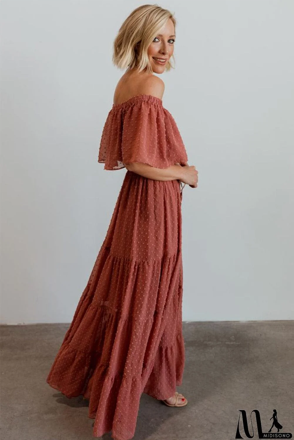 MidiSono - Rust Red Off Shoulder Ruffle Swiss Dot Maxi Dress