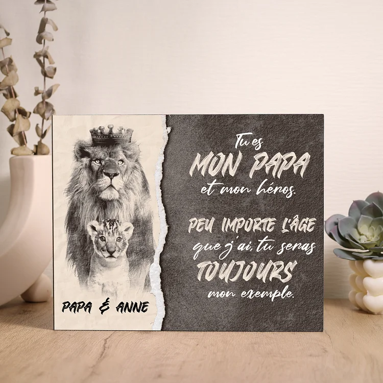 À Mon Papa-Cadre imprimé en bois avec lion 1 Texte personnalisé Jessemade FR