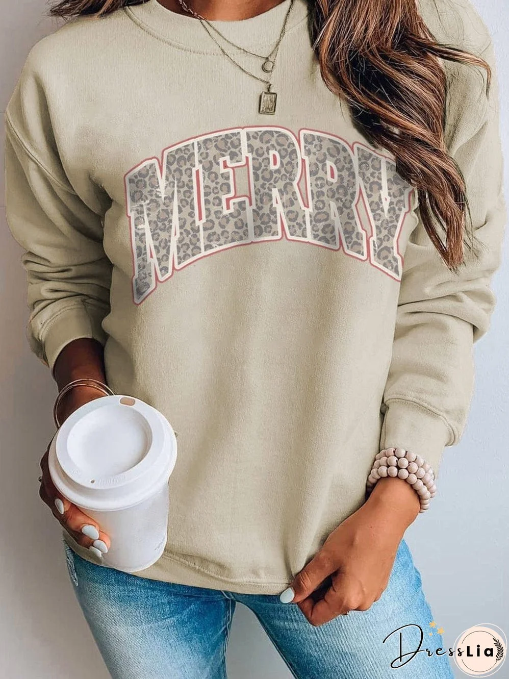 Leopard Print "MERRY" Khaki Graphic Sweatshirt