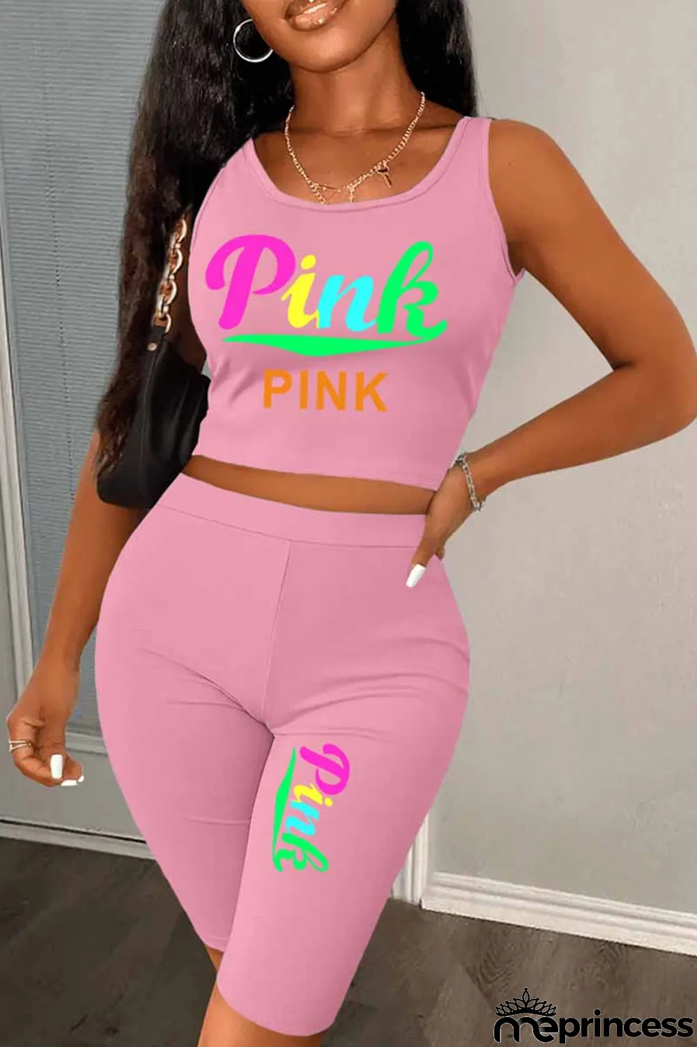 Red Casual Print Letter U Neck Sleeveless Two Pieces