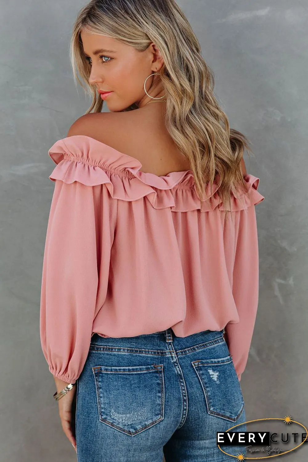 Pink Puff Sleeve Ruffled Off Shoulder Blouse
