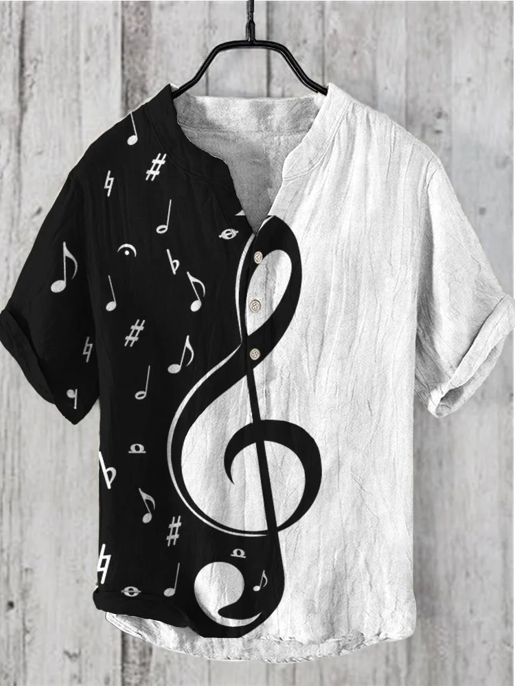 Comstylish Black and White Note Print Linen V-Neck Shirt