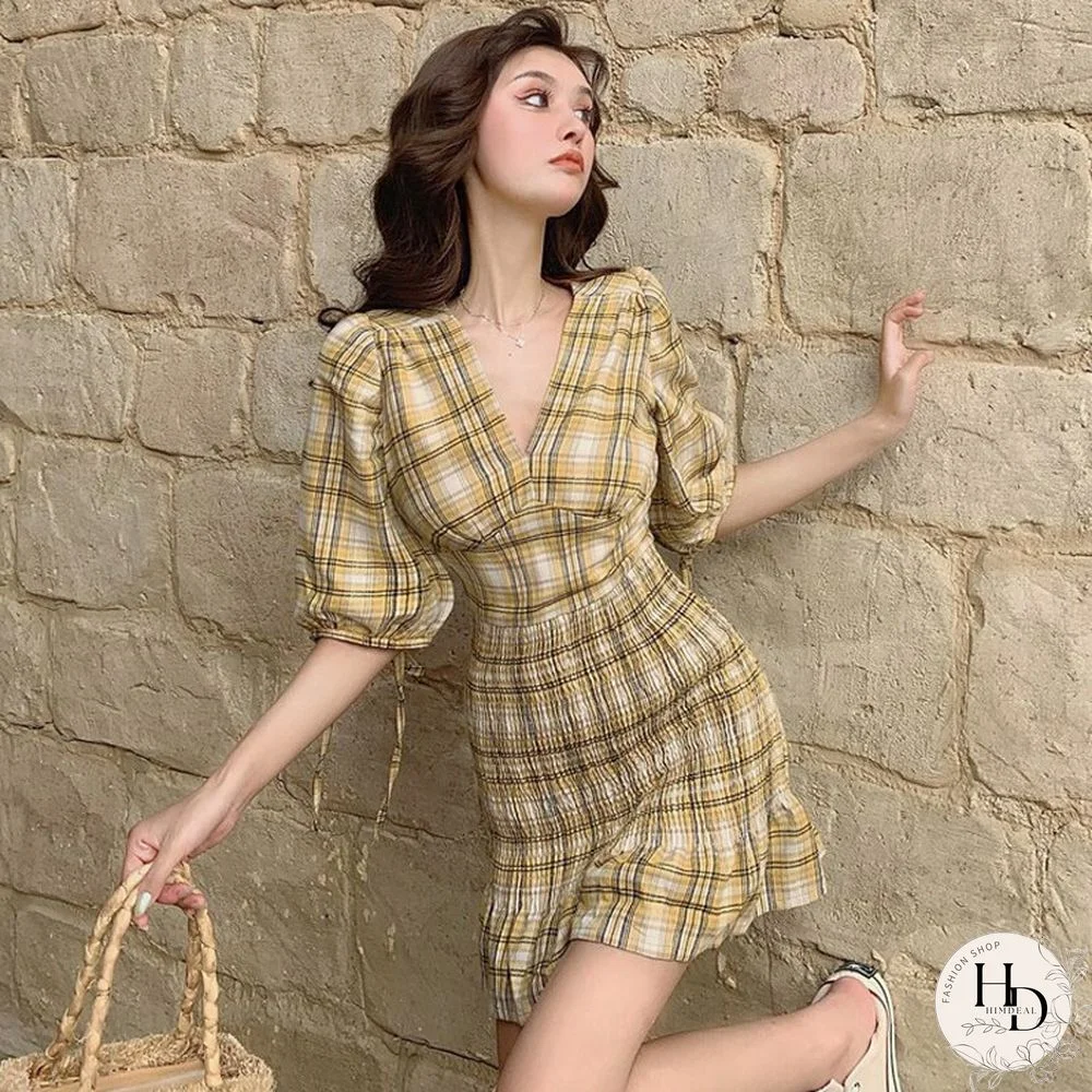 Fashion Slim V-Neck Print Sweet Mini Dress Women Summer Chiffon High Waist Elegant Korean Dress Casual All-match Female Dress