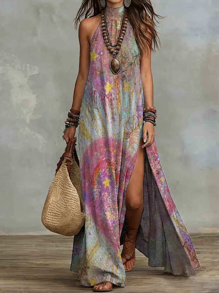 Bohemian Colorful Star-print Halter Maxi Dress With Slit &acirc;&euro;&rdquo; Vacation-style Cotton-linen Printed Dress