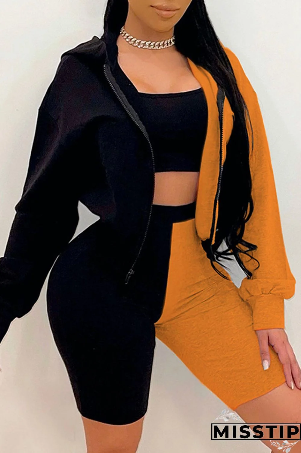 Orange Fashion Casual Patchwork Basic Hooded Collar Long Sleeve Three-piece Set
