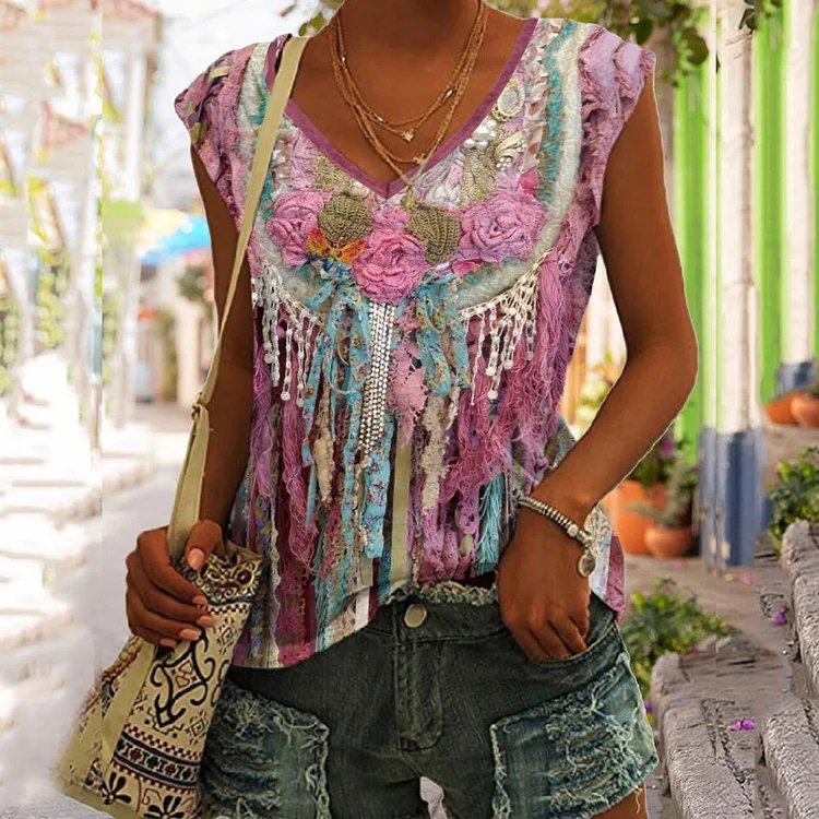 Wearshes Western Fringed Print V-Neck Sleeveless Casual Tank Top