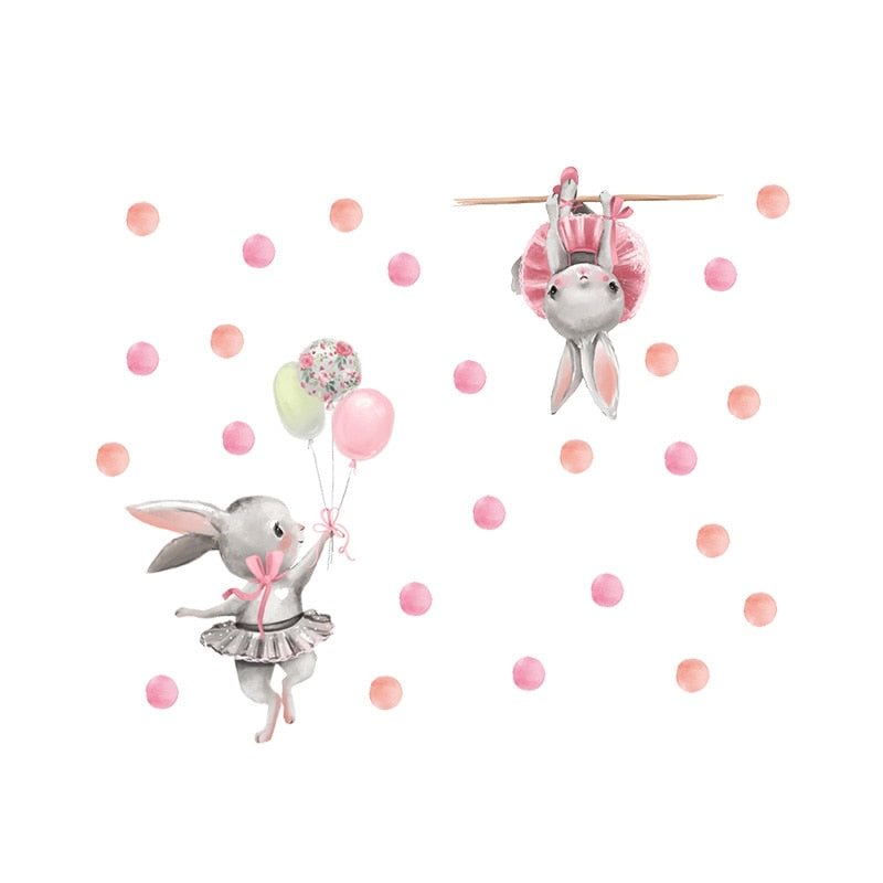 Pink Bunny Ballerinas & Polka Dots Sets Wall Stickers for Baby Nursery Room Decoration Wall Decals Kids Room Bedroom Decor Sets
