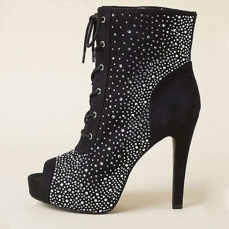 Black Peep Toe Stiletto Heel Rhinestones Platform Shoes Lace Up Boots |FSJ Shoes