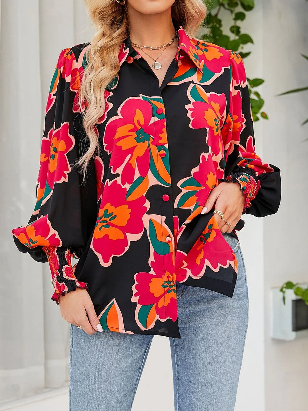 Women's Lantern Long Sleeve Floral Print Top T-Shirt