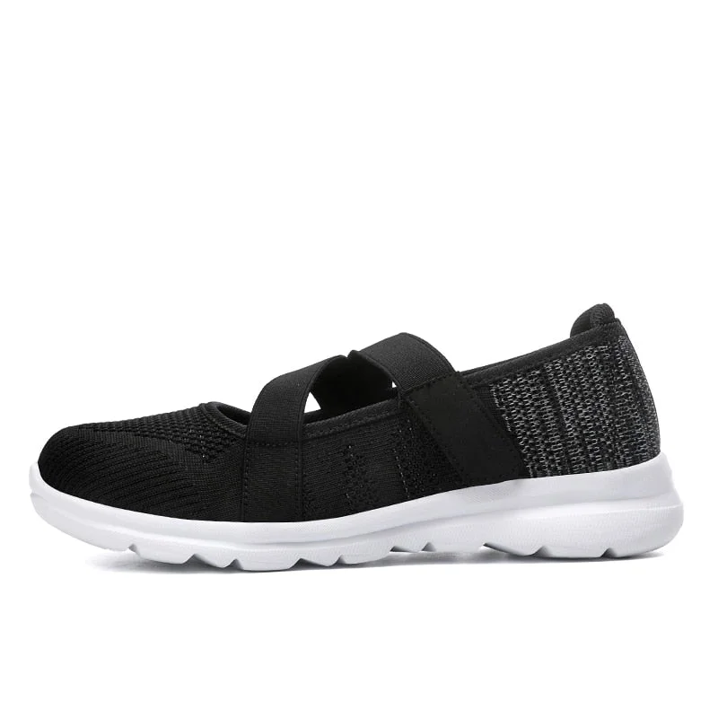 Women Mary Janes Flats Sneaker Shallow Casual Shoes Hook Loop Ladies Fly Weave Breathable Plus Size Ultra Light Velcro Trainers