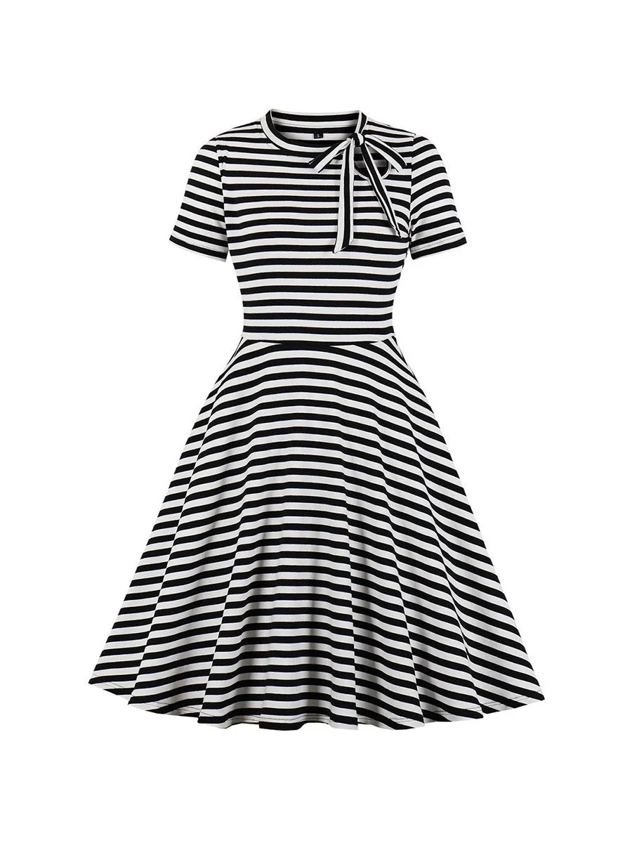 Swing Dress Striped Stitching Bow Collar Slim Fit Dress