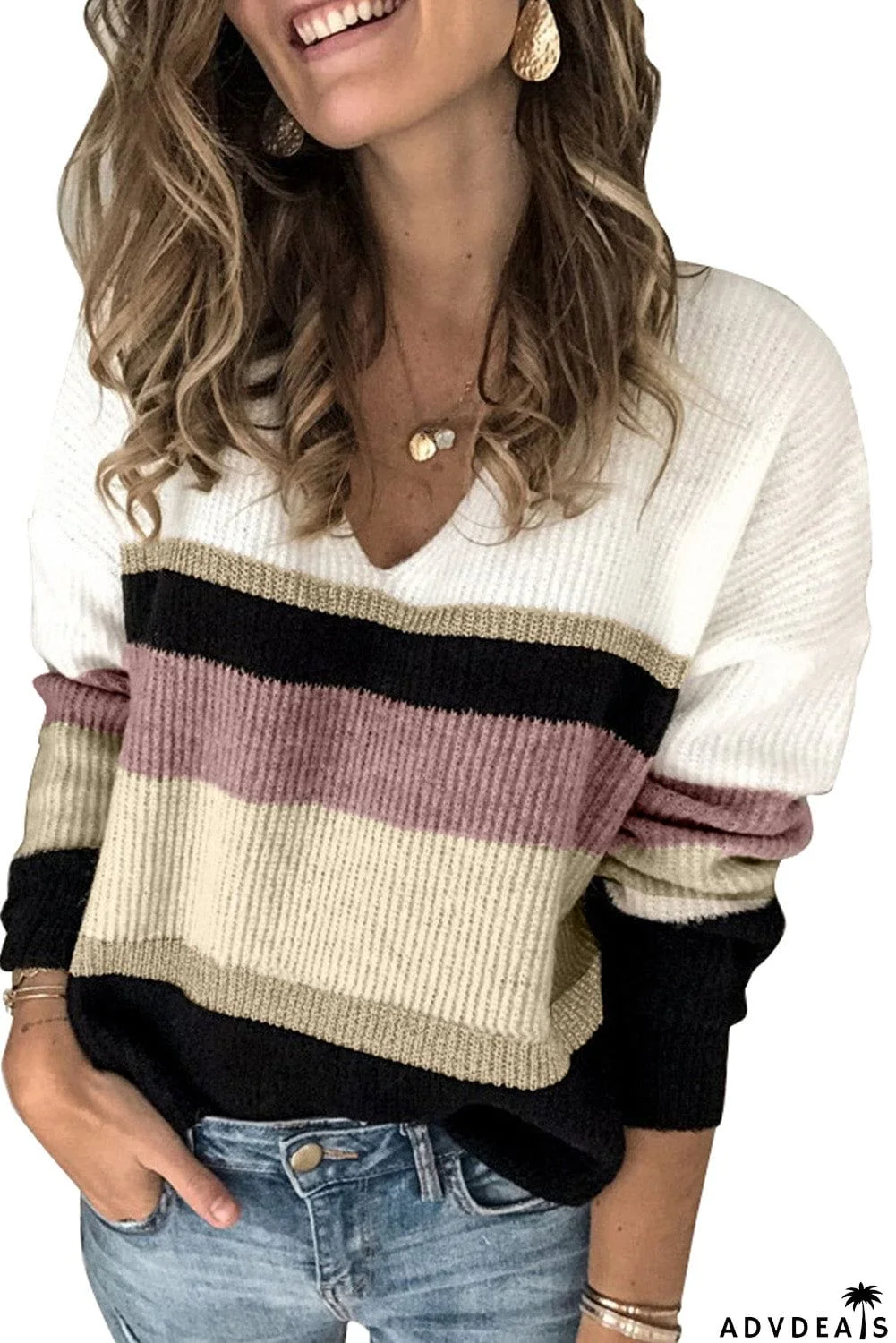 Khaki Casual Color-Block Striped Long Sleeve V Neck Sweater