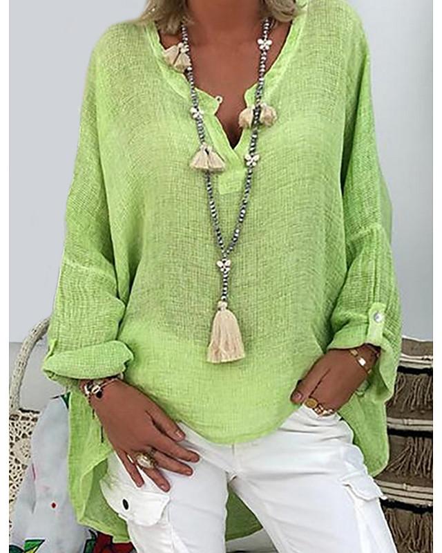 Women's Plus Size T shirt Solid Colored Long Sleeve V Neck Tops Loose Basic Top White Black Blushing Pink-806