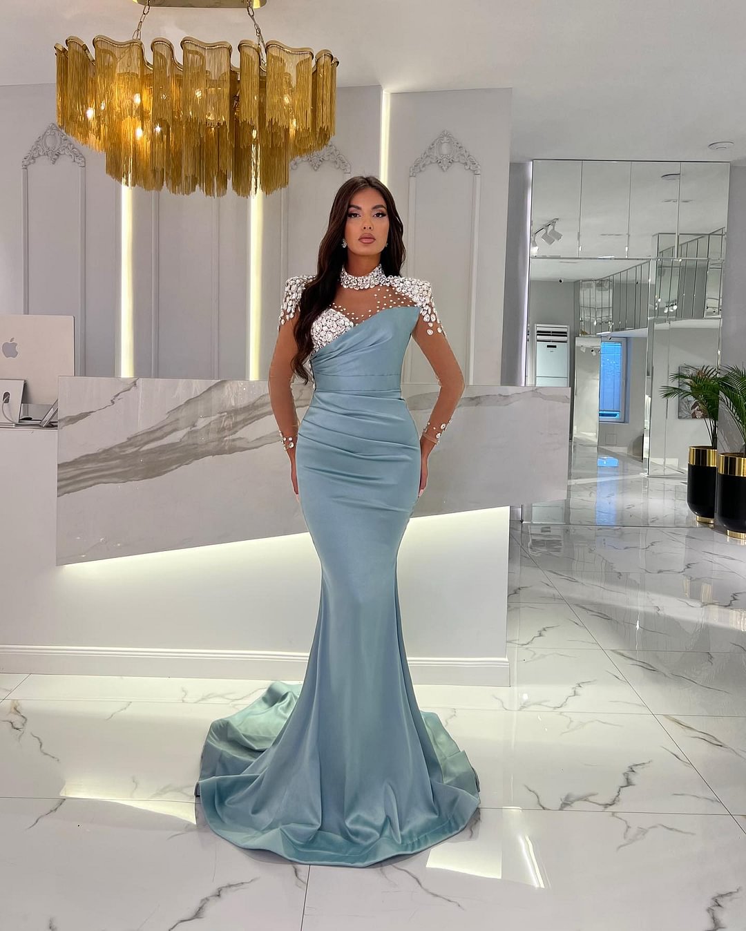 Daisda Dusty Blue Elegant Long Sleeves Beading Mermaid Prom Dress Gown