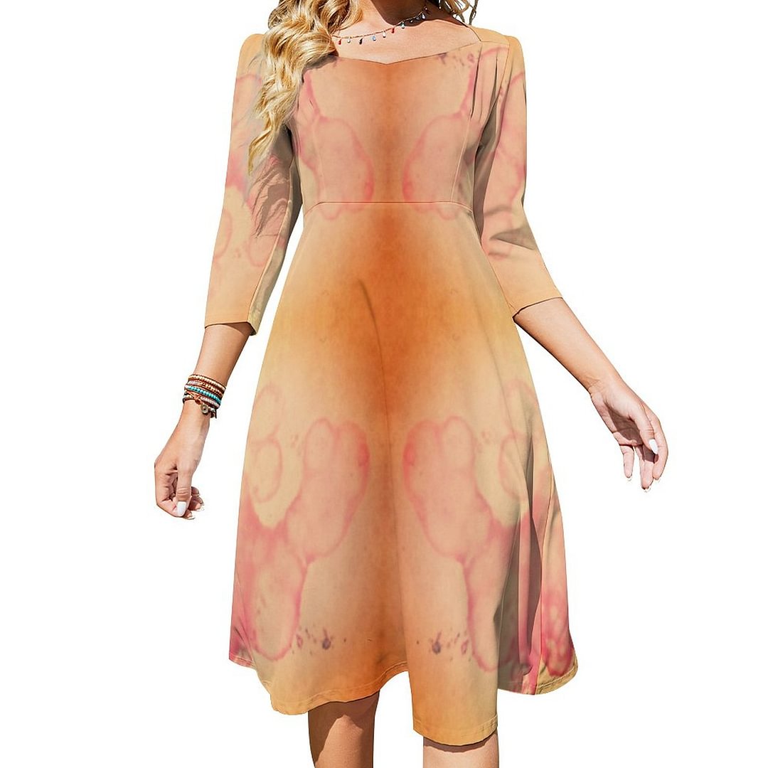Rorshach Splotch Ink Stain Dirty Dress Sweetheart Tie Back Flared 3/4 Sleeve Midi Dresses