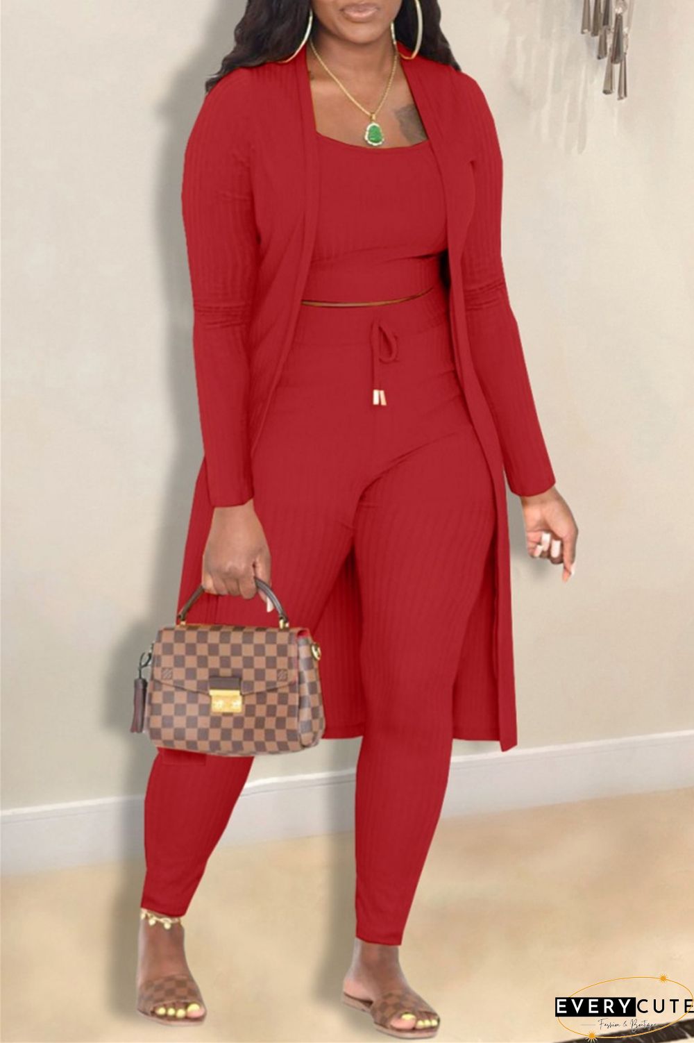 Casual Solid Cardigan Vests Pants Long Sleeve Three Piece Set