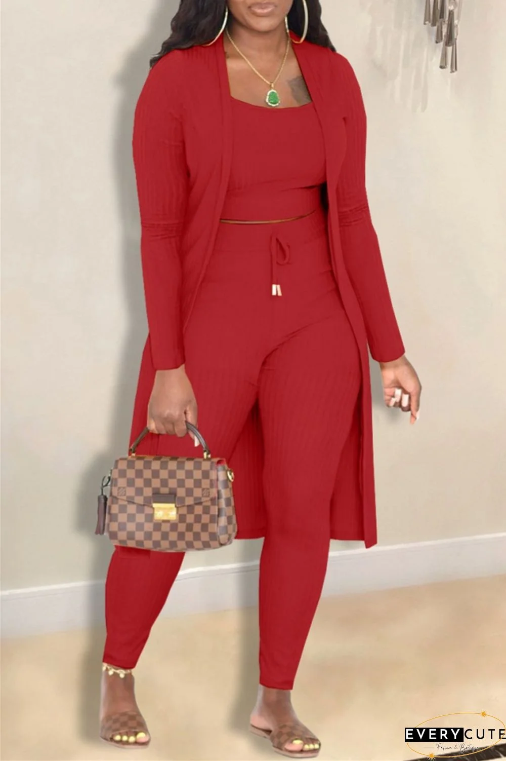 Casual Solid Cardigan Vests Pants Long Sleeve Three Piece Set