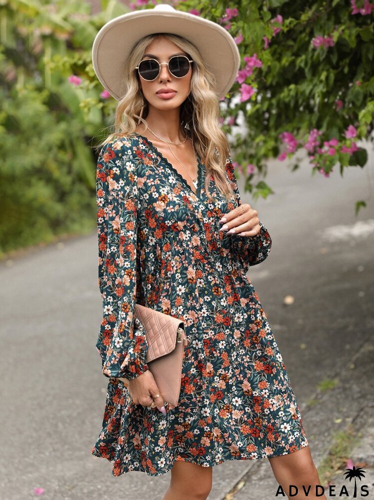 Floral Print Lace Trim A-line Dress