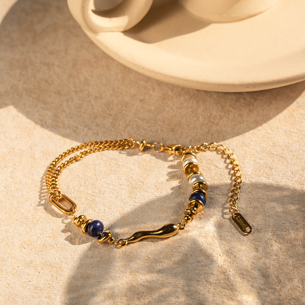 Chic Euro-American INS Style 18K Stainless Steel Pearl & Lapis Drop Bracelet