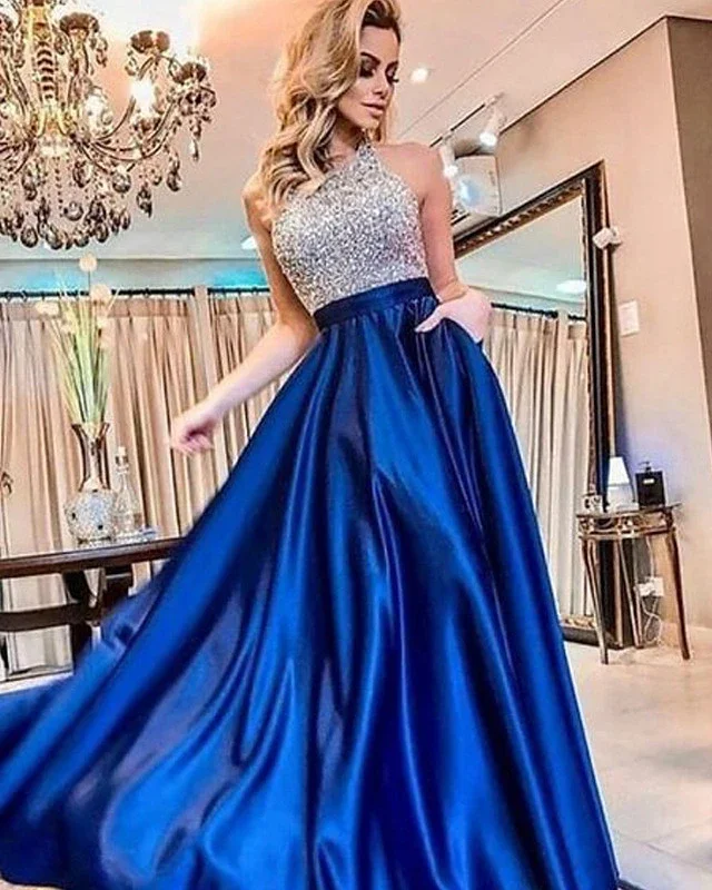 Women's A Line Dress Maxi Long Dress Blue Sleeveless Solid Color Backless Sequins Patchwork Fall Round Neck Formal