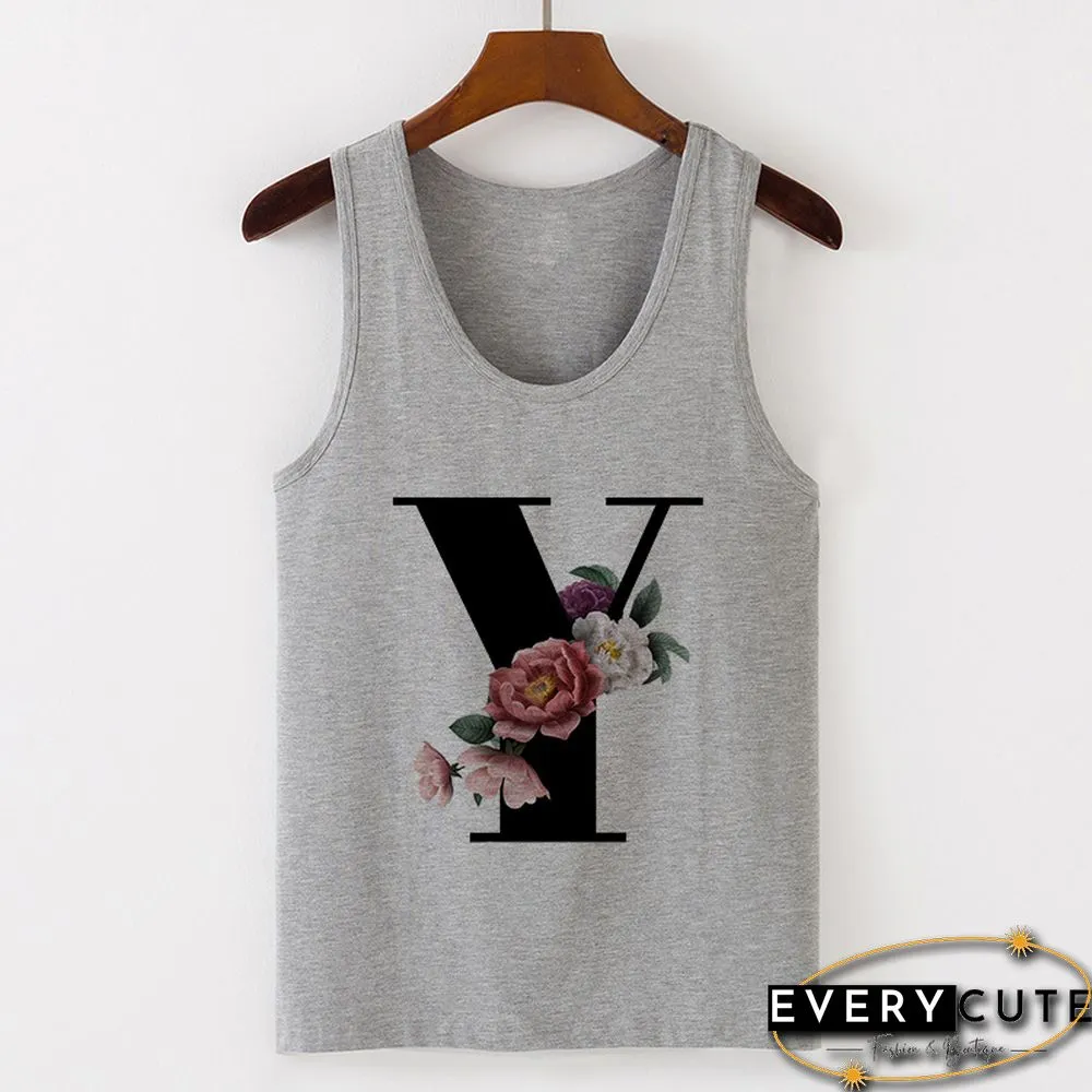 Summer Alphabet Print Camisole Sexy Tank Tops Vest Women Tee Shirt Sleeveless Gray Female
