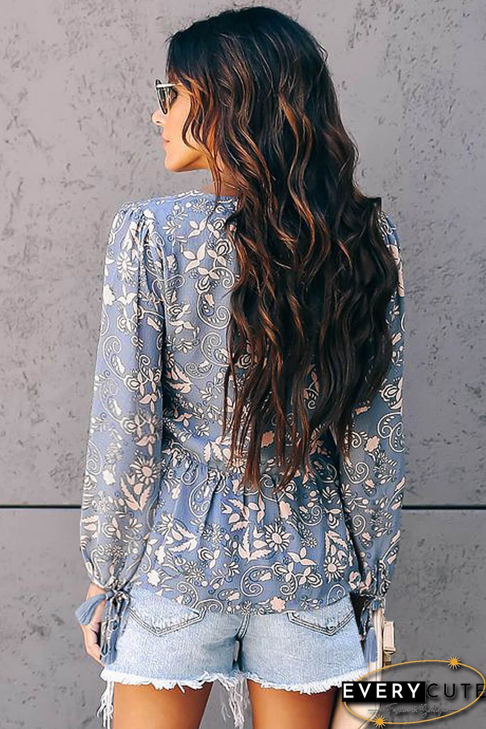 Gray Tassel Tie Blouse