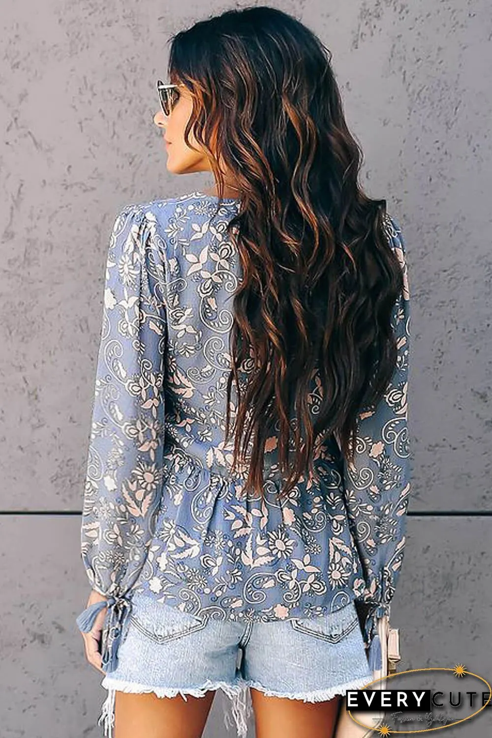 Gray Tassel Tie Blouse