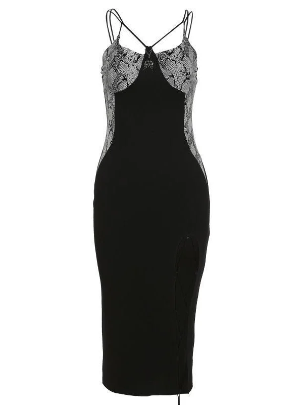 Sexy Bandaged Sleeveless High-slit U Neck Spaghetti High-rise A-line Dress 