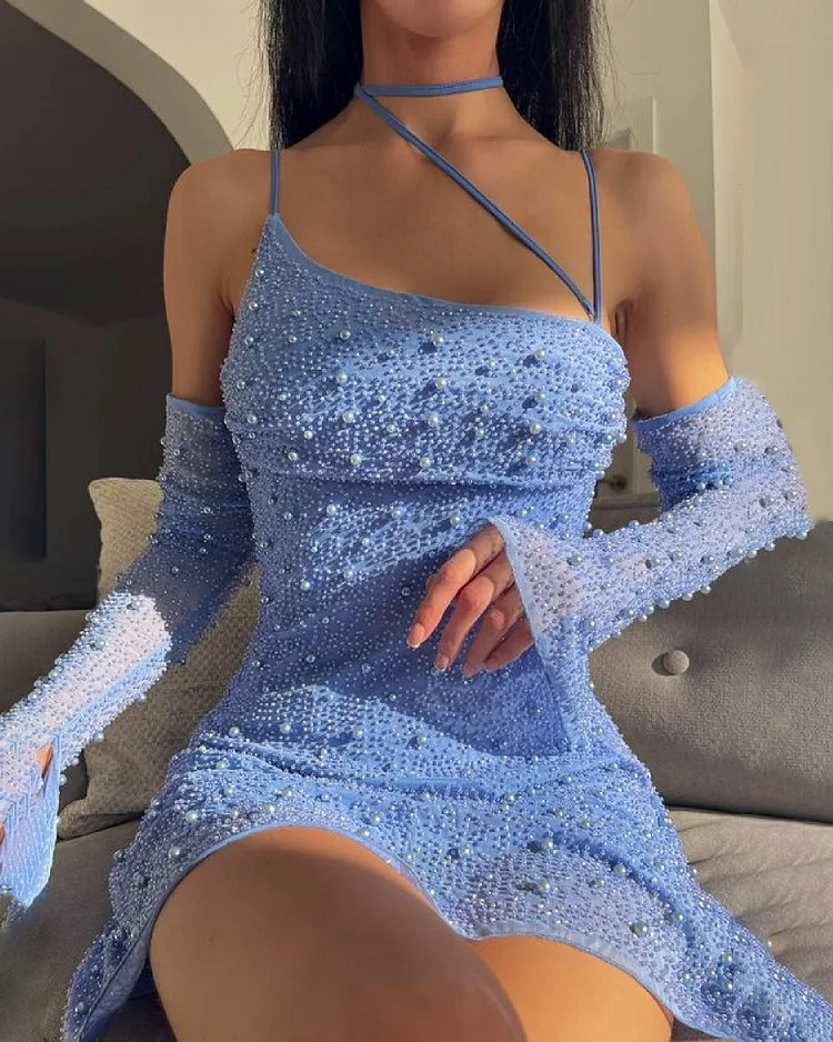Blue Beaded Pearl Sexy Sling Dress
