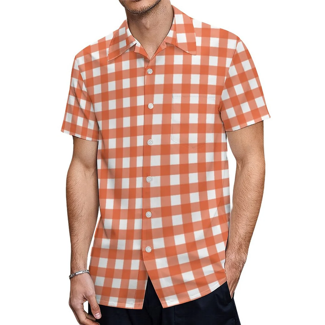 Short Sleeve Vintage Orange Gingham Plaid Hawaiian Shirt Mens Button Down Plus Size Tropical Hawaii Beach Shirts