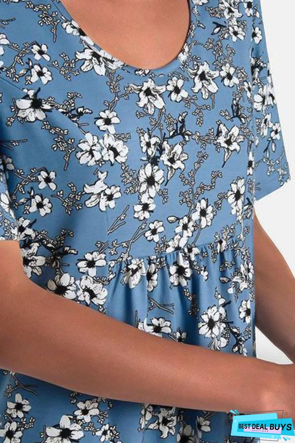 Casual Floral Print Paneled Pockets Short Sleeves Midi Dress