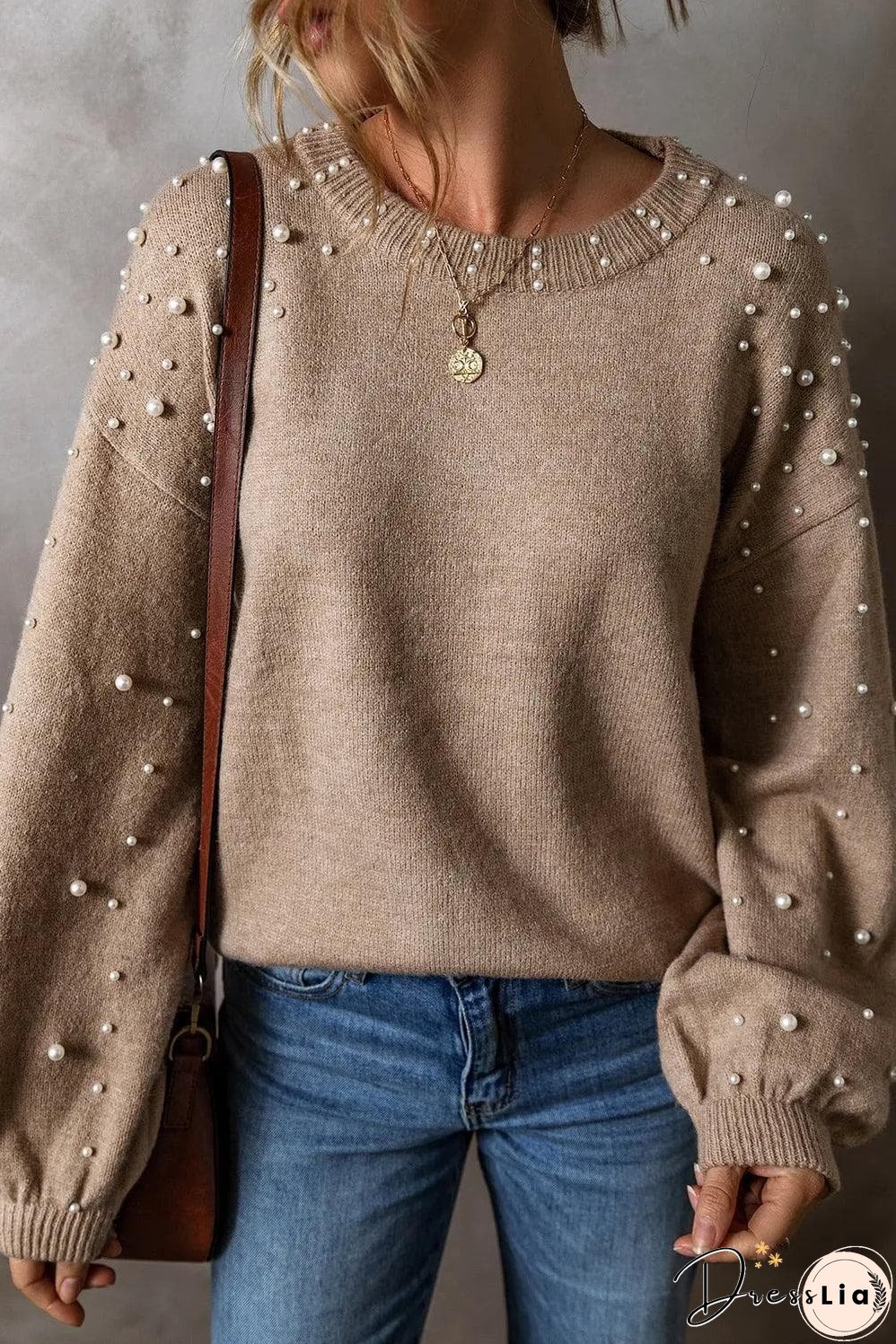 Smoke Gray Pearled Drop Shoulder Round Neck Sweater