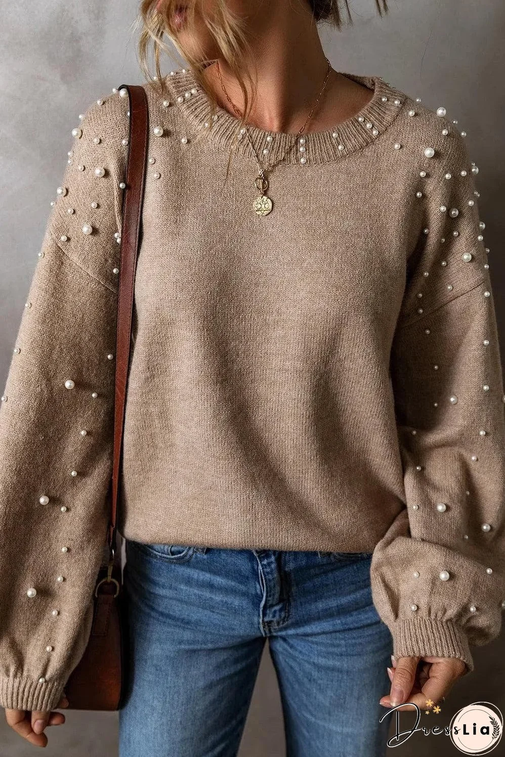 Smoke Gray Pearled Drop Shoulder Round Neck Sweater