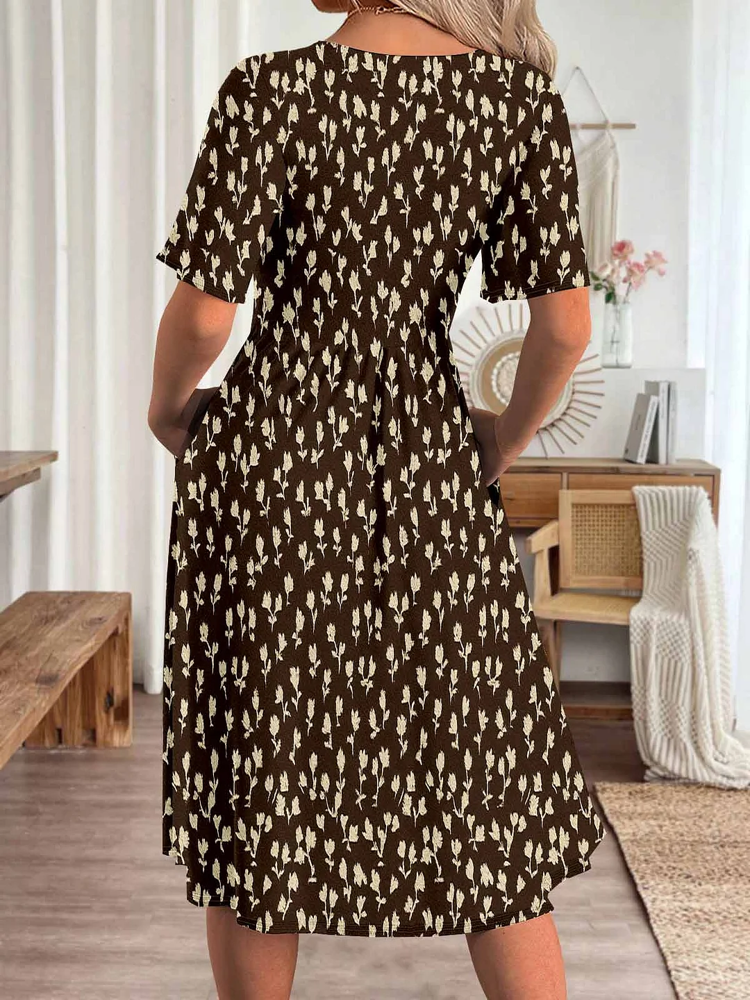 Women Floral,Brown DZHA8082 Short Sleeve Scoop Neck Graphic Printed Hollow Midi Dress