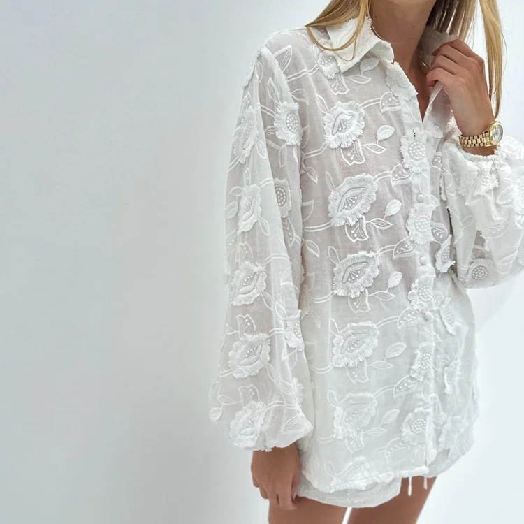 Churchf Churchf Suit 2024 Spring Autumn New Fashion Cotton Embroidered See-Through Shirt High Waist Shorts