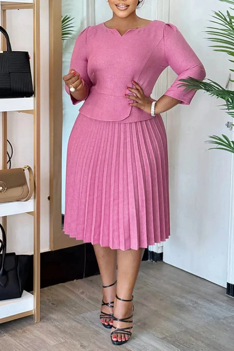 Plus Size Business Casual Pink Round Neck 3/4 Sleeve Pleated Elegant Two Piece Skirt Sets
