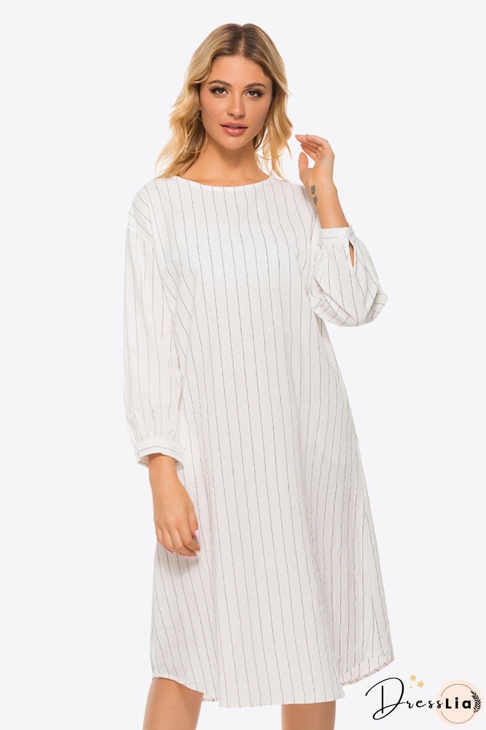 Pinstripe Tie Waist Round Neck Dress