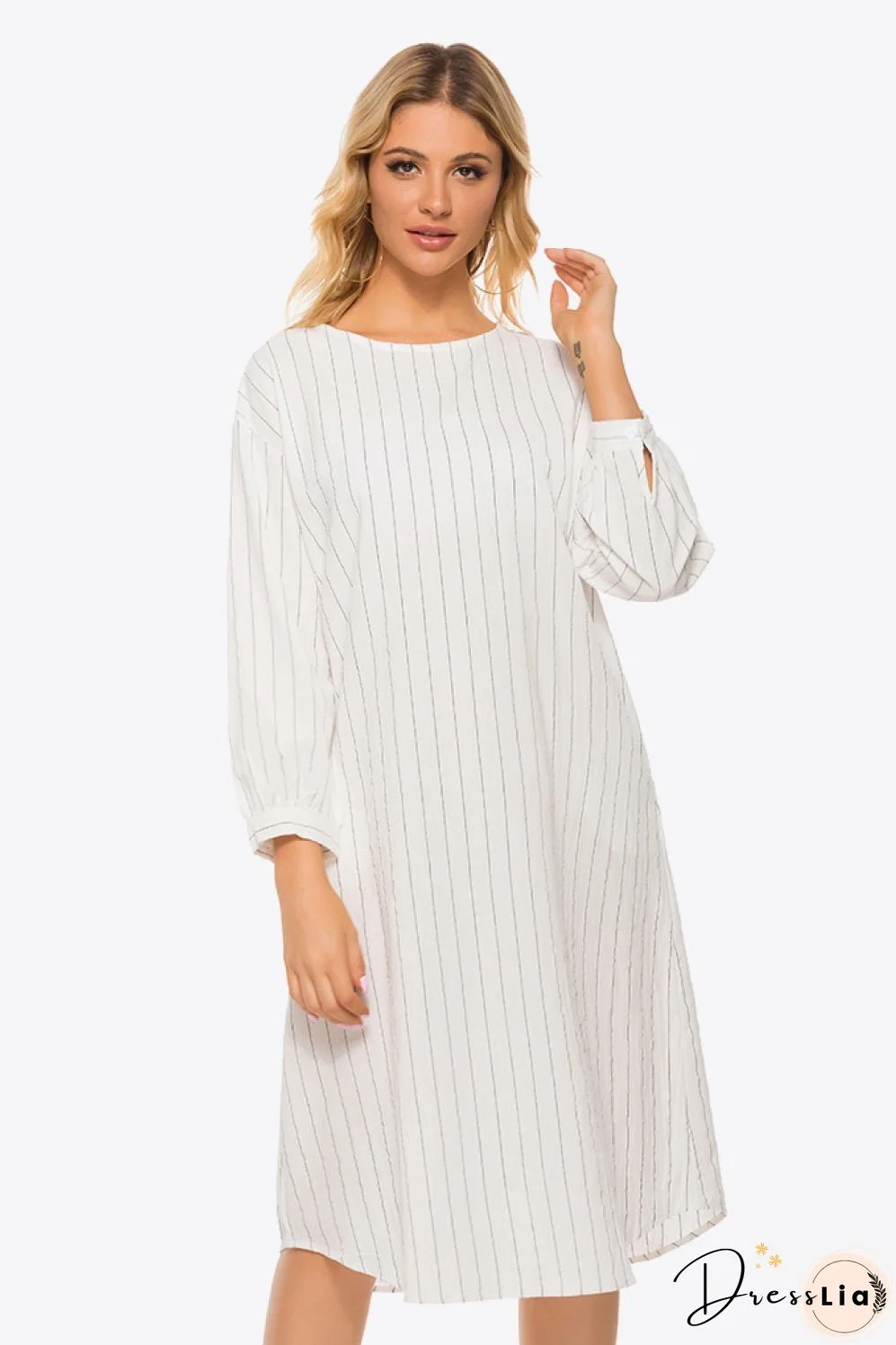 Pinstripe Tie Waist Round Neck Dress