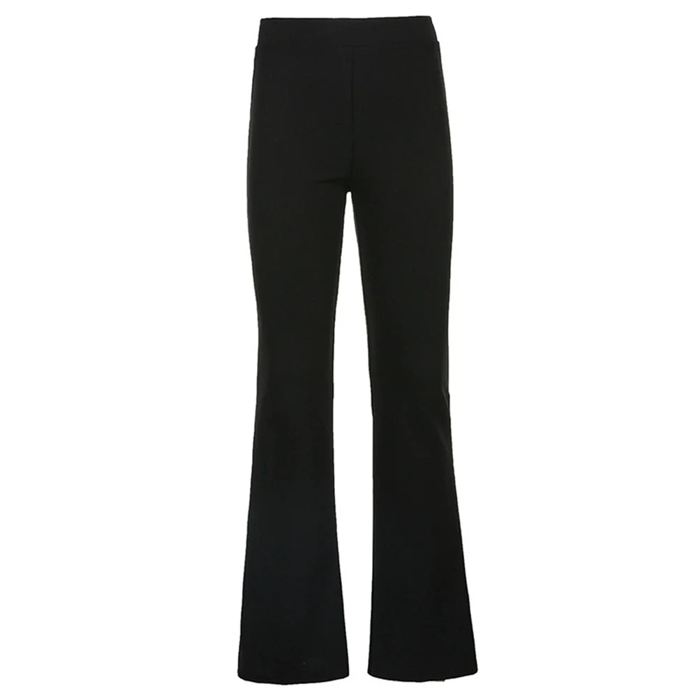 All-Match Women Fashion Elastic Waist Black Flared Pants Solid Color High Waist Wide Leg Trousers Casual Hipster Streetwear