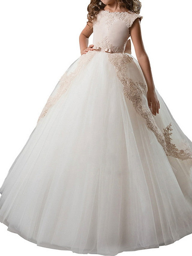 Oknass Princess Sleeveless Jewel Neck Flower Girl Dress Polyester With Bow