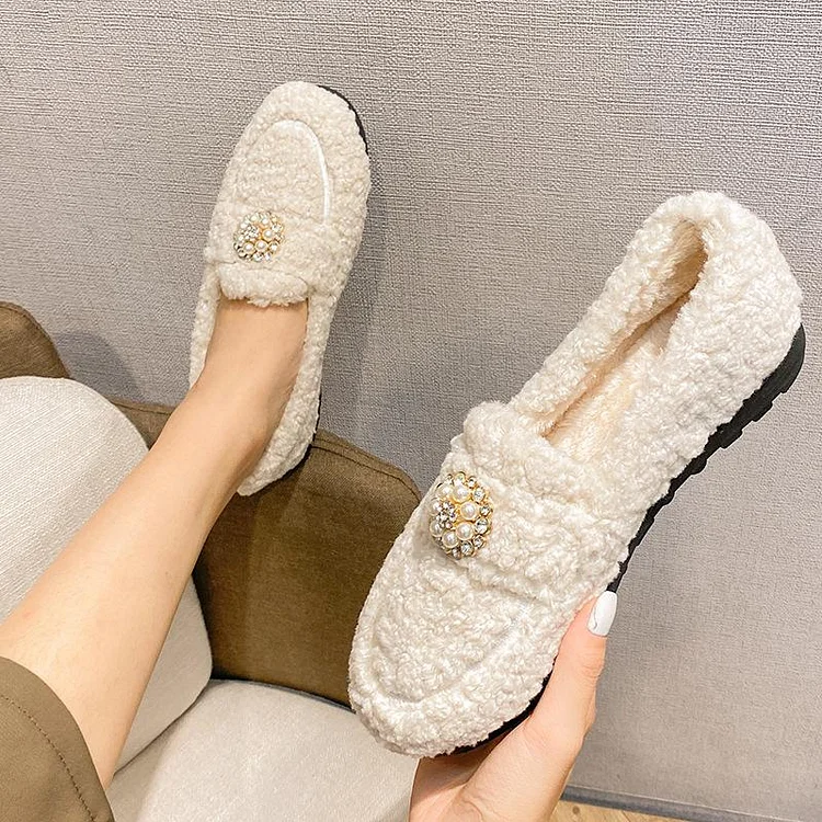Pearl Furry Flats Loafers shopify Stunahome.com
