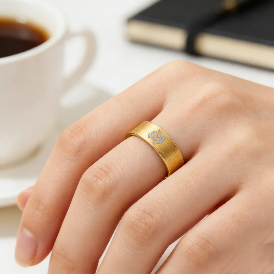 Pisces Tungsten Carbide Rings Gold Flat Wedding Band Comfort Fit Mens and Womens 4MM 6MM 8MM Width