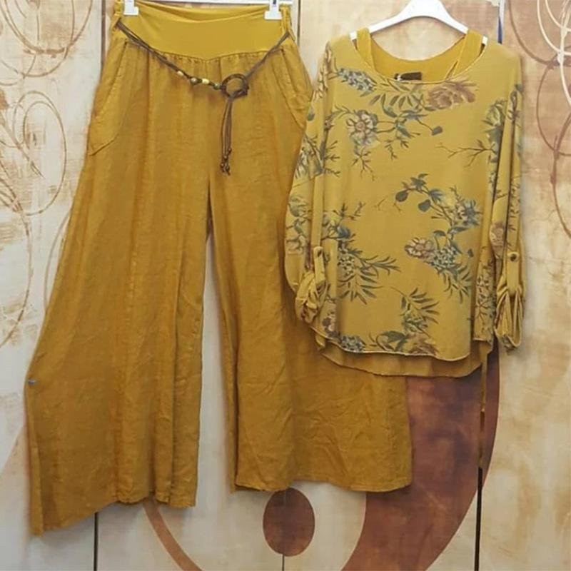 Printed Top And Solid Color Trousers Set