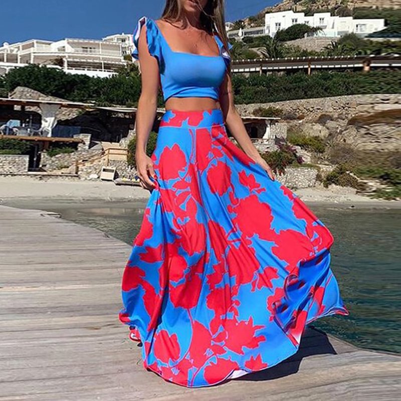 Sexy Beach Print Dress Two-piece Set
