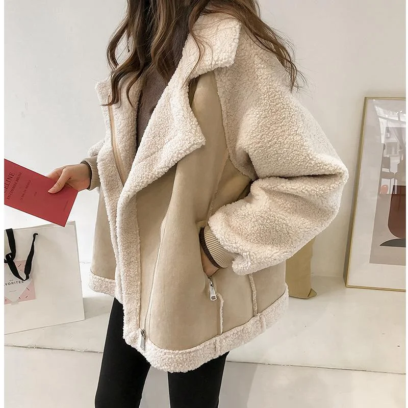 NEEDBO Women Winter Jacket Chic Faux Suede Fur Collar Coats Aviator Motorcycle Biker Jackets Female Lamb Wool Coat 2021 New