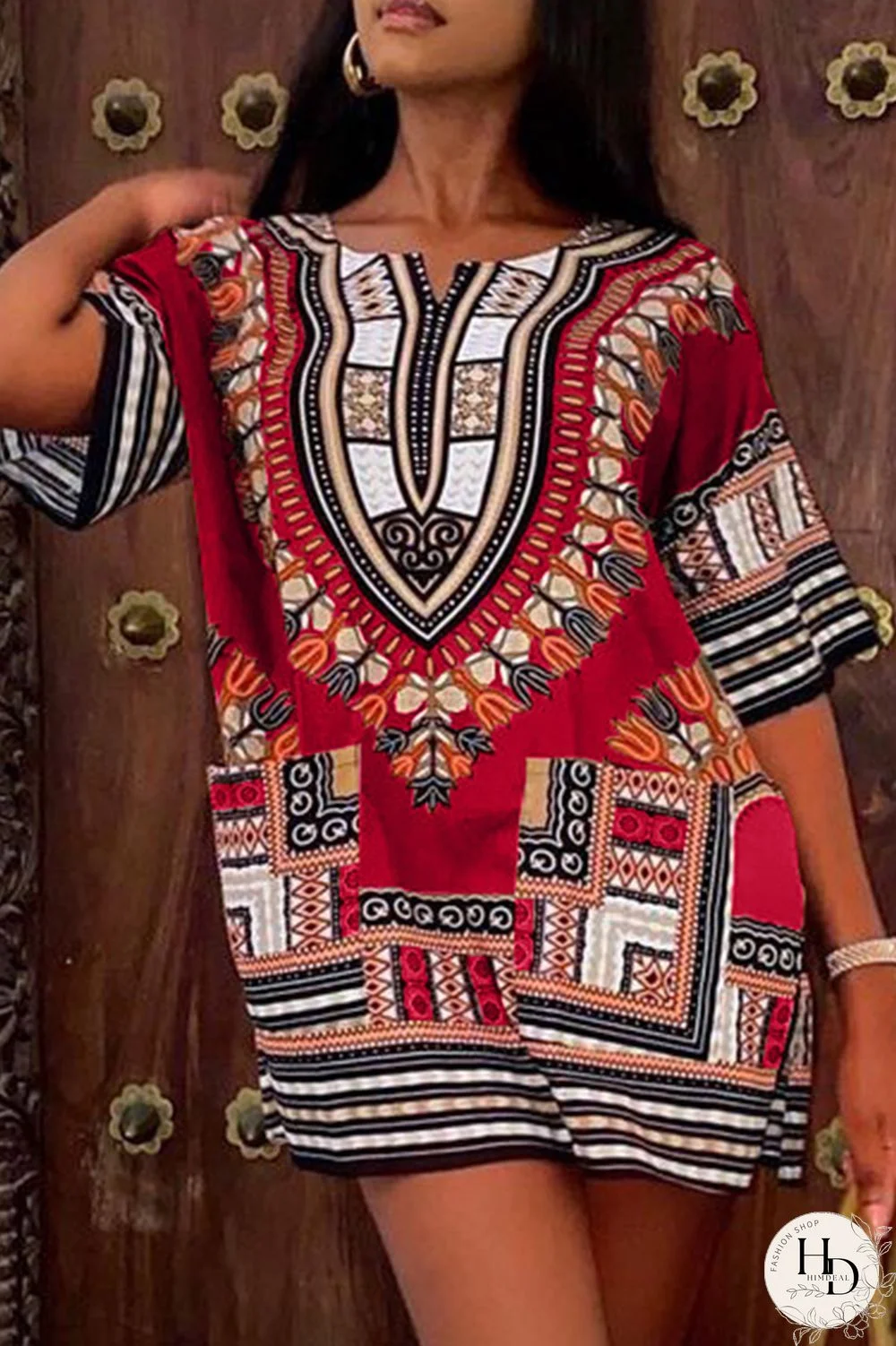 Red Fashion Casual Print Basic O Neck Short Sleeve Dress