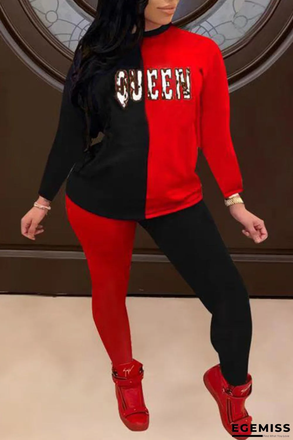 Black Red Casual Print Patchwork O Neck Long Sleeve Two Pieces | EGEMISS