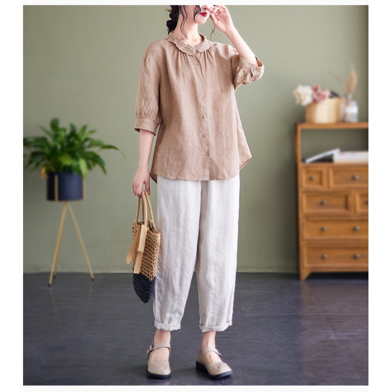 Cotton Linen Elegant Solid Lace Half Sleeve Blouse